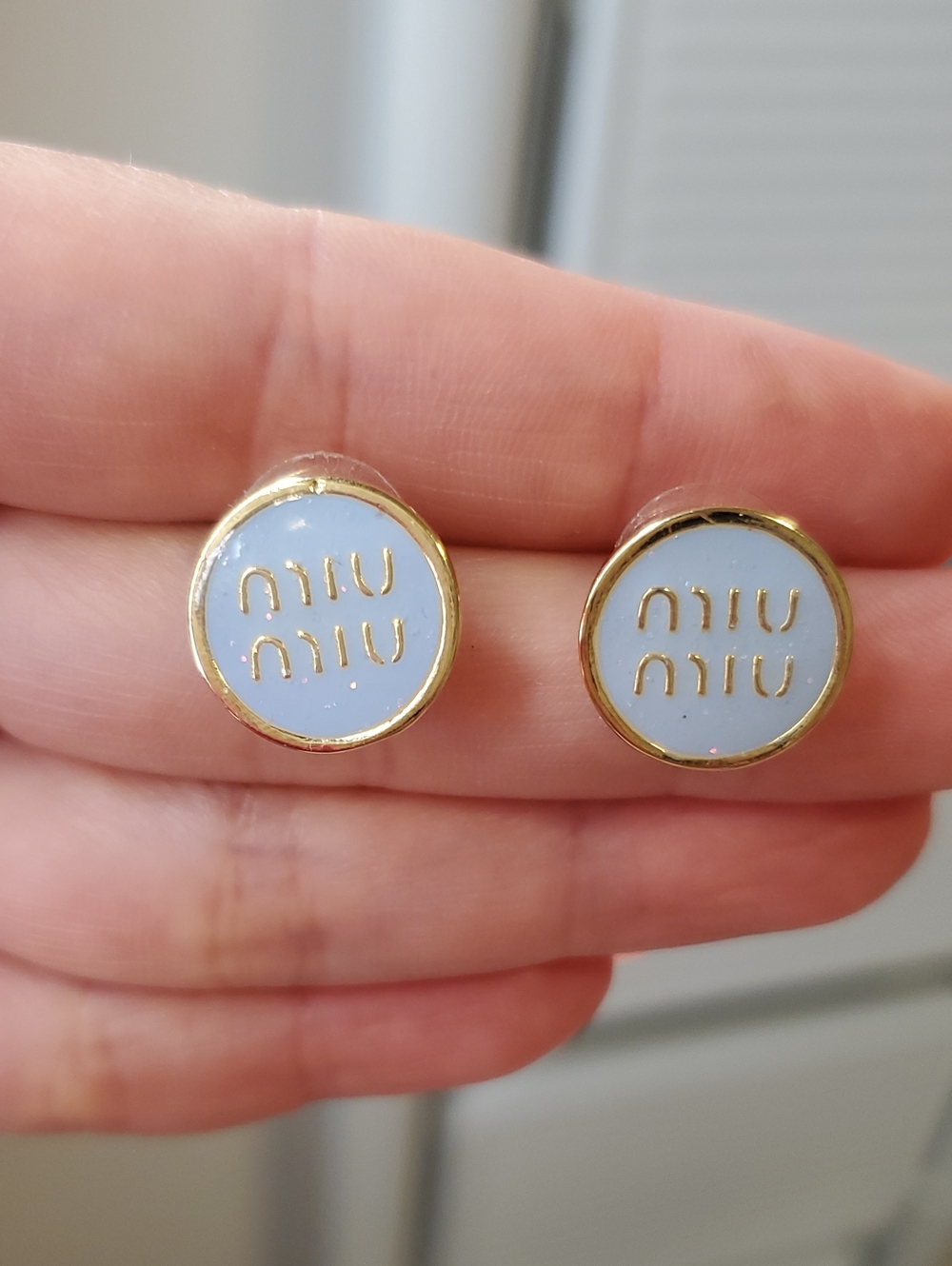 Gold-Trim Light Blue MIU Round Enamel Stud Earrings